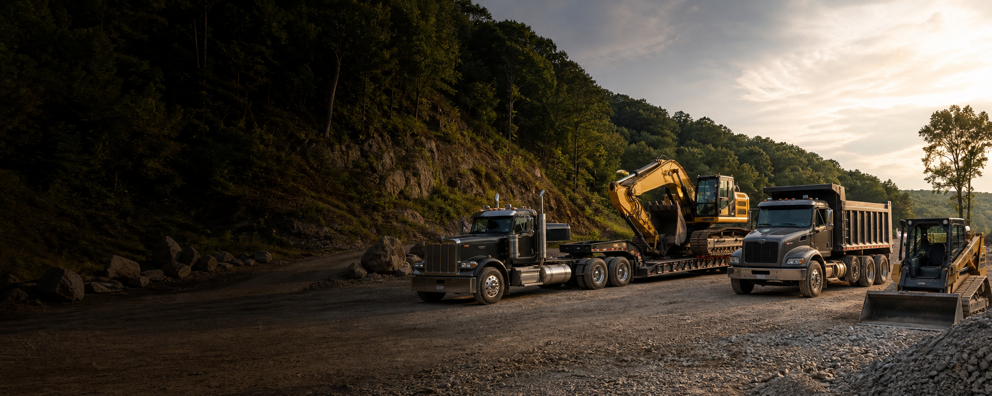 Heavy equipment, dump truck, and lowboy trailer at a rural job site